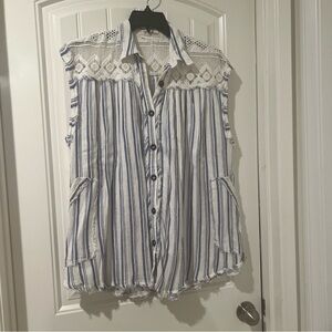 We The Free Oversized Tunic Dress Women's  Button Front Striped Beach Blue XS